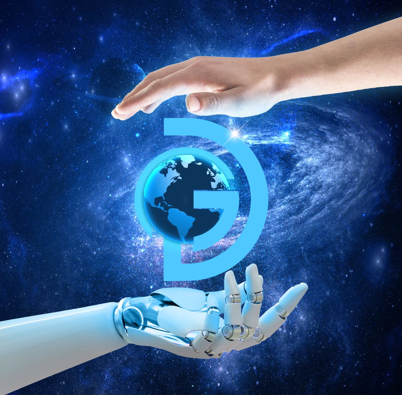 Galaxy Digital — a human hand and a robot hand framing the GD monogram and globe against a galaxy